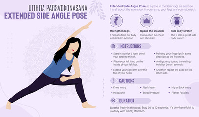 Fototapeta na wymiar Extended Side Angle Pose Guide and benefits: Yoga poses vector illustration