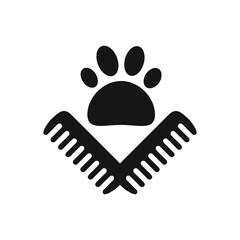 Pet Grooming. Comb and scissor and paw trail. Animal haircut, combing and grooming pets. Salon logo