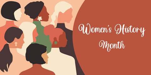 Women's History Month. Women of different ages, nationalities and religions come together. Horizontal pink poster. 