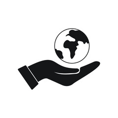 Black isolated outline icon of planet earth in hand on white background. Line Icon of planet, globe and hand. Symbol of care, charity.
