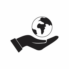Black isolated outline icon of planet earth in hand on white background. Line Icon of planet, globe and hand. Symbol of care, charity.