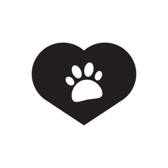 cat and dog footprint inside heart, icon logo design template, animal paw print isolated on white background