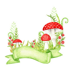 Amanita muscaria watercolor with ribbon banner, Fly agaric mushroom with grass. White spotted toxic red mushrooms. Hand drawn Illustration on white background.