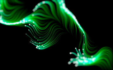 Green flowing particles on black background. Illustration.