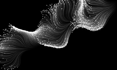 White flowing particles on black background. Illustration.