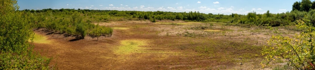 Dried up lake river bed on Greenham Common nature reserve, wide panorama high resolution