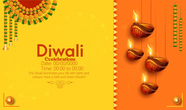 Illustration of burning Diya on Happy Diwali design with Diya hanging oil lamp elements, light festival of India