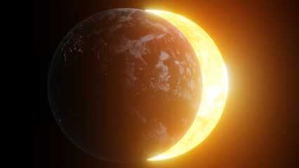 Bright sun and planet earth , global warming concept Sun in space on black background ,3D rendering