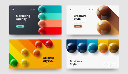 Colorful annual report design vector layout collection. Simple realistic spheres landing page template set.
