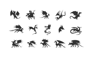 Dragon Silhouette isolated Clip Art Magic Animal Design Vector.