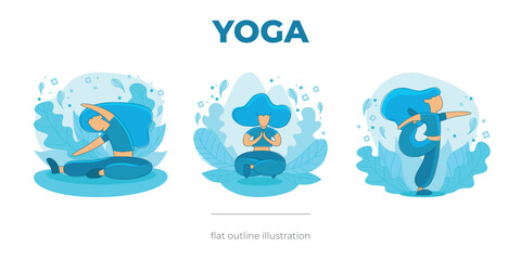 Yoga flat outline illustration blue colored, for web and polygraphy design, rounded shapes, set of three poses.