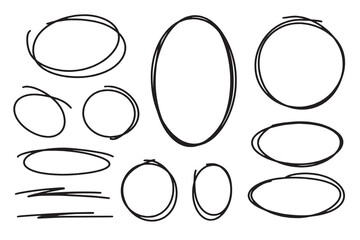 Set of circular scribbles outline doodle frames. Oval banner collection