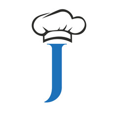 Letter J Restaurant Logo Concept with Chef Hat Vector Template. Restaurant Chef Hat Logo Symbol
