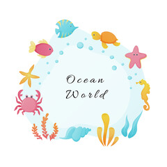 Underwater ocean world illustration. Colorful marine life, fish, algae and corals. Vector illustration.