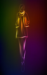 Hand-drawn fashion model from a neon. A light girls. Fashion girls. Stylish fashion model. Fashion woman