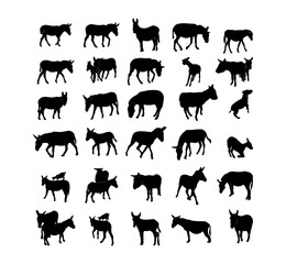 Collection of black silhouettes donkeys.