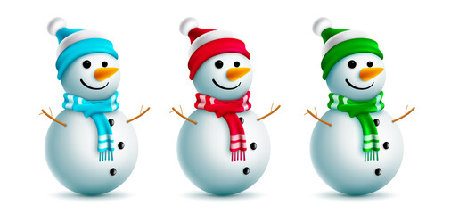 Snowman christmas character vector set. Snow man 3d characters with cute and kids friendly faces in colorful scarf and hat for xmas collection design. Vector illustration.
