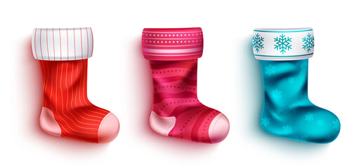 Christmas stockings vector set design. 3d christmas stocking socks with colorful stripes and snowflakes pattern elements for xmas decoration collection. Vector illustration.
