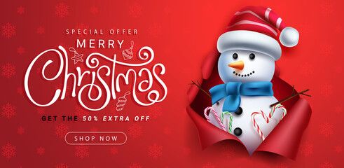 Christmas sale vector banner design. Christmas sale special offer text with seasonal snowman element for xmas shopping holiday promo. Vector illustration.

