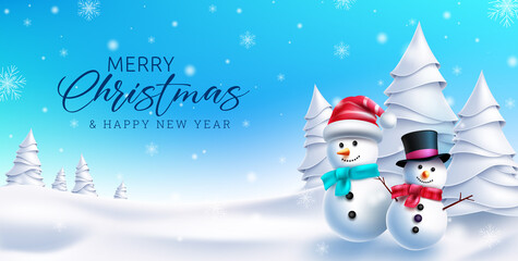 Christmas winter vector design. Merry christmas greeting text with snow man characters in winter wonder land background for holiday season celebration. Vector illustration.
