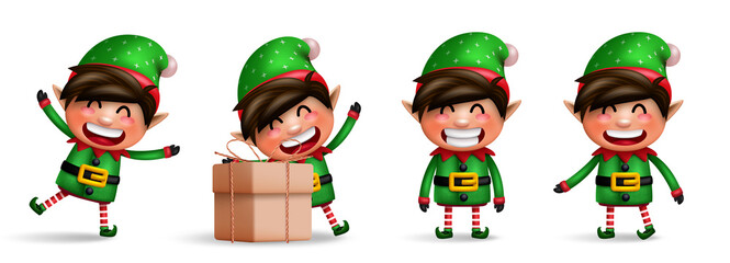 Elf christmas characters vector set. Elves 3d kids character in friendly and cute faces standing and isolated in white background for xmas collection design. Vector illustration.
