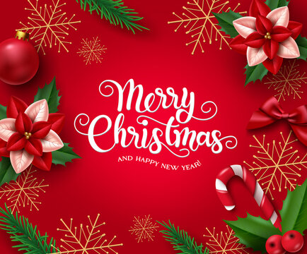 Christmas  vector background design. Merry christmas and happy new year greeting text with xmas elements like poinsettia, ball and ribbon for holiday season decoration. Vector illustration.
