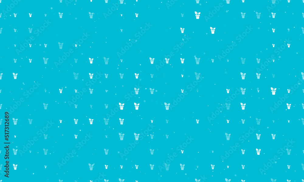 Poster Seamless background pattern of evenly spaced white plant in pot symbols of different sizes and opacity. Vector illustration on cyan background with stars