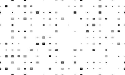 Seamless background pattern of evenly spaced black email symbols of different sizes and opacity. Vector illustration on white background