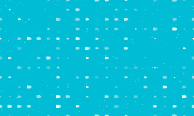 Seamless background pattern of evenly spaced white video camera symbols of different sizes and opacity. Vector illustration on cyan background with stars