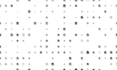 Seamless background pattern of evenly spaced black house symbols of different sizes and opacity. Vector illustration on white background