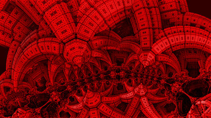 Alien construction and structures, red abstract fantastic shapes of ancient civilization architecture and structures, fictional sci fi background, 3D render illustration.