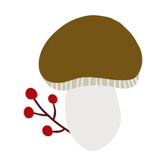Autumn forest mushroom. Cute cartoon vector illustration isolated on white background. Boletus, aspen mushroom with berry.