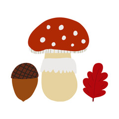 Fly agaric autumn forest mushroom with leaf and acorn. Cute cartoon vector illustration isolated on white background.