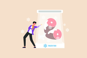Meat must go in the freezer room. Frozen food. Packaging mark concept. Flat vector illustration isolated.