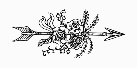 Arrow with flowers, twigs with leaves, feathers, simple doodle drawing, gravure style