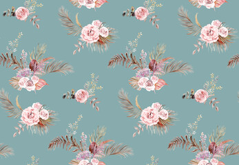 Seamless watercolor pattern with herbarium of tropical palm leaves and delicate roses on turquoise background for textile and surface design