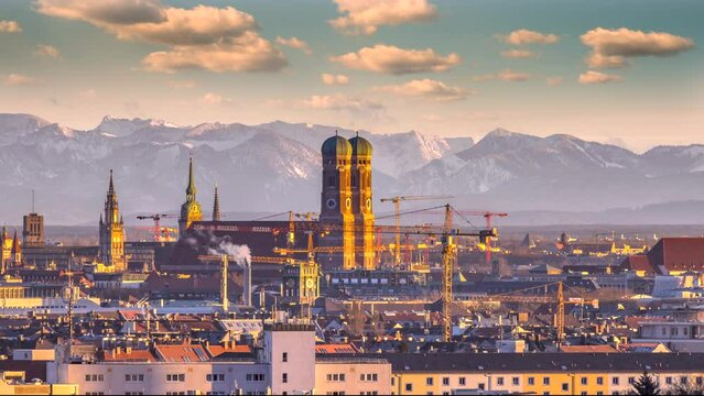 Munich skyline aerial view time lapse, munich germany frauenkirche town hal old town view panoramic city top view.