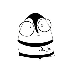 Vector illustration on a white background - a cartoon penguin chick with a pencil in the wing.