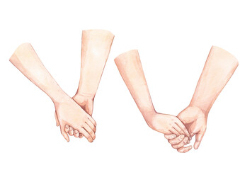 Couple holding hands, watercolor illustration. The hands of people in love, a married couple. Isolated elements on a white background.
