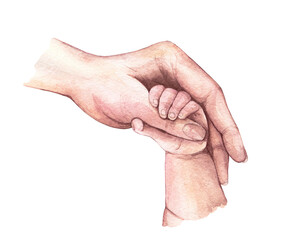 Mother hold newborn baby's hand. Human watercolor hands. Hand drawn illustration. Isolated elements on white background
