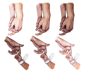 Mom holds the hand of a newborn baby. Isolated elements on a white background. Couple holding hands. Family illustrations for a baby shower.
