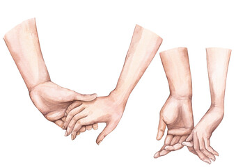 Couple holding hands, watercolor illustration. The hands of people in love, a married couple. Isolated elements on a white background.
