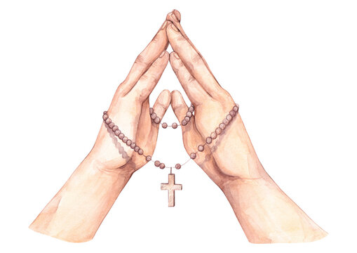 Hands clasped together, prayer with rosary beads. Male, female hands. Watercolor illustration. Isolated elements on a white background.
