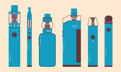 Vape colorful set. Electronic cigarettes and vape set. Modern vector illustration. Variety of designs vape pens and pod mods. Flat vector design for web. - obrazy, fototapety, plakaty