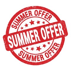SUMMER OFFER text written on red round stamp sign.