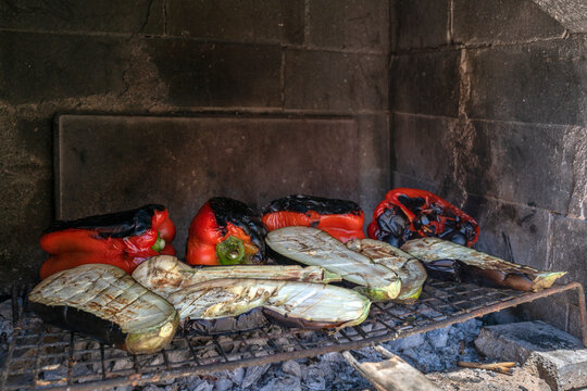 Barbecued eggplant and peppers, mediterranean cuisine
