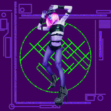 Contemporary digital collage art.  Techno Party Lady. Minimal geometry style