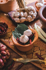 Various fresh vegetables and spices on wooden table, Thai food concept