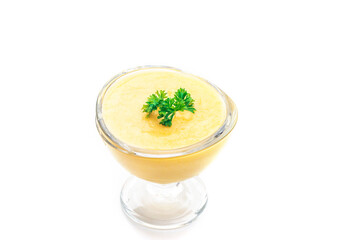 Glass bowl with mashed potatoes on white background. Image on top view.