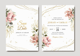 Wedding invitation template with peony and gold leaves © Yorda